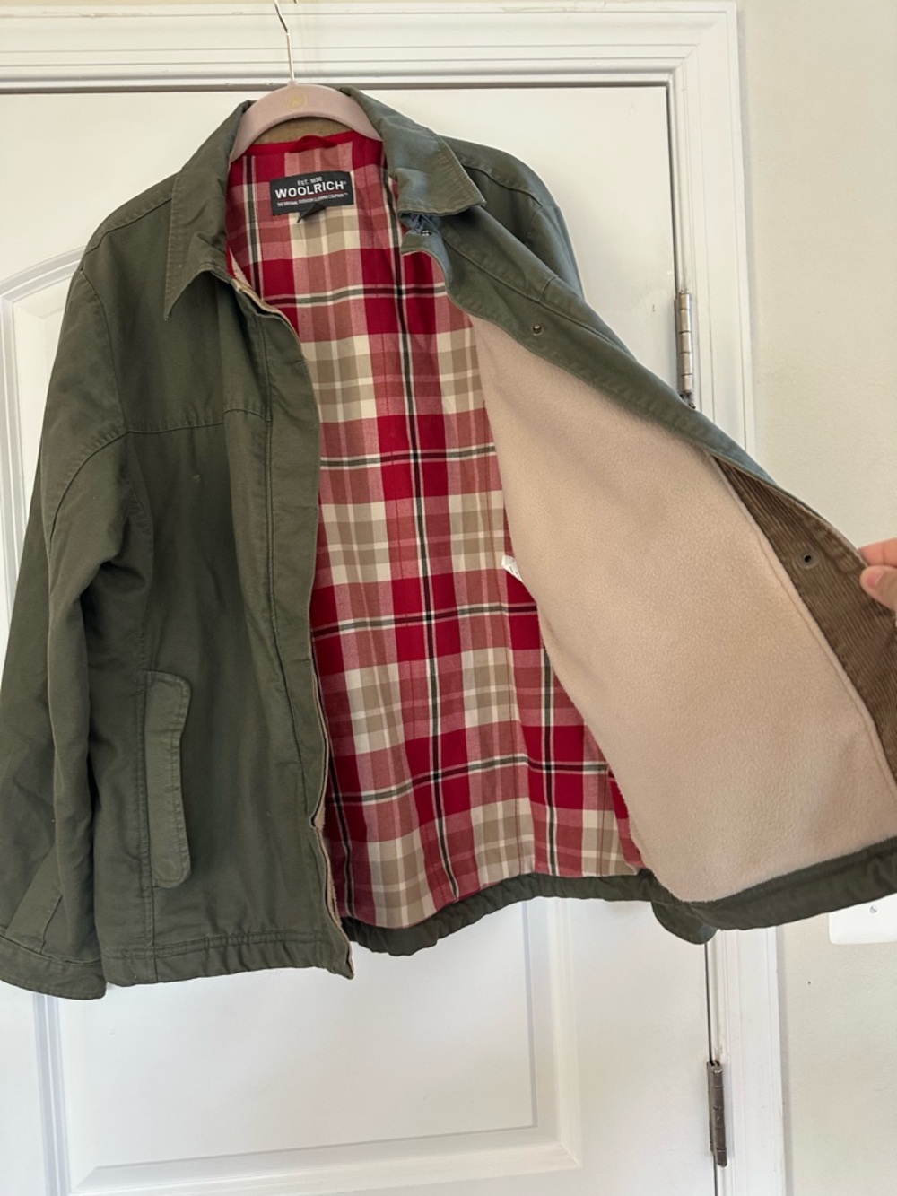 Vintage Woolrich Chore Coat Barn Field Jacket Cord Trim Blanket Lined LG Green - Picture 5 of 11